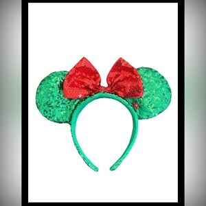 Disney Parks Minnie Mouse Christmas Red Green Sequin Holly Ears Headband